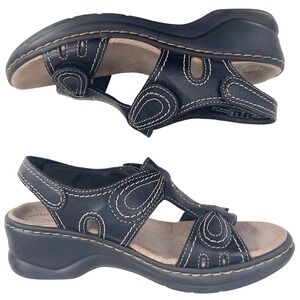 Clarks Womens Black Leather Velcro Wedge Sandal Contrast Stitch Comfort 7.5M